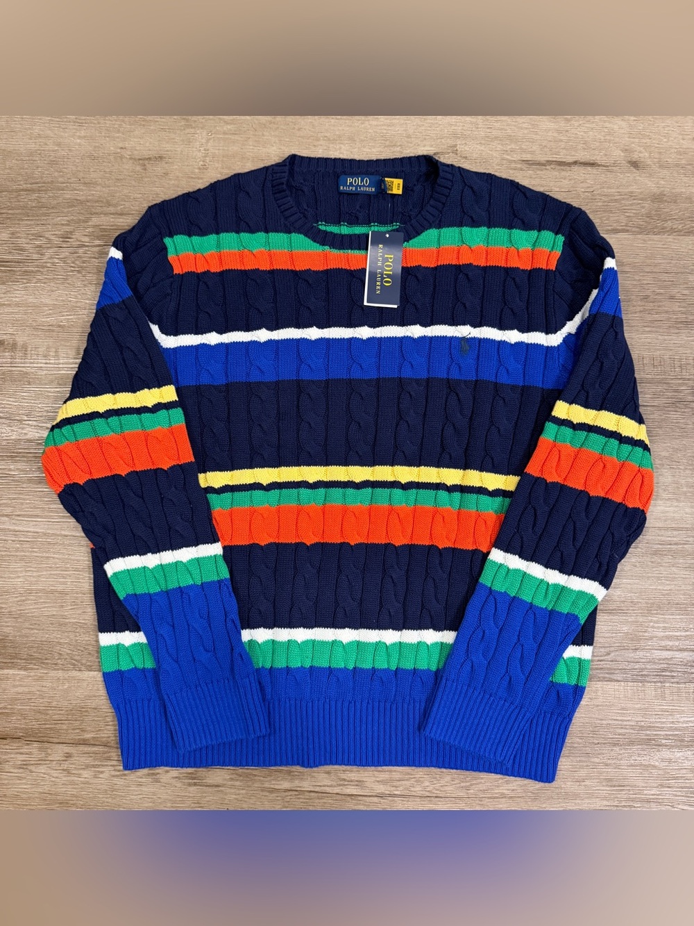 NWT Ralph Lauren Polo Men’s XL Multi Color Striped Cable Knit Cotton Sweater